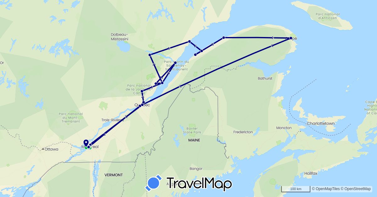 TravelMap itinerary: driving, bus, hiking in Canada (North America)